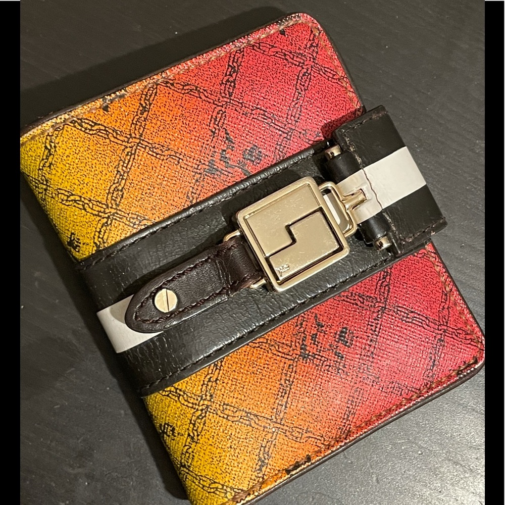 L.A.M.B. Multicolor Gradient Wallet with Signature Black & White Striped Lining.